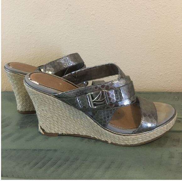 Sperry Top Sider Size 8 B 3 1/2" Rope Jute Wedge Heels Silver Snake Skin Straps - Picture 5 of 7